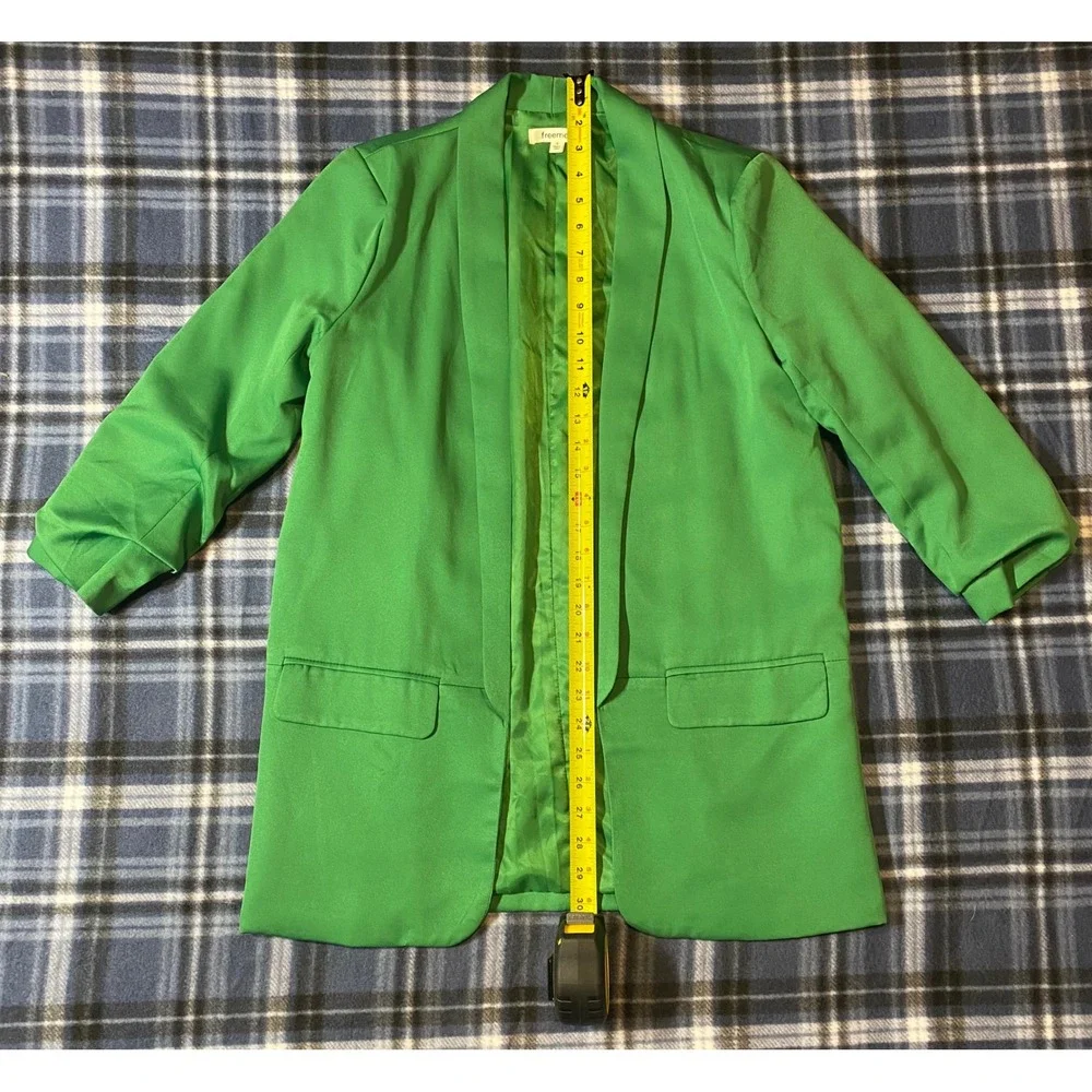 Freeme Womens‎ Green Ruched 3/4 Sleeve Open Front Blazer Jacket FRJ1258W Small
